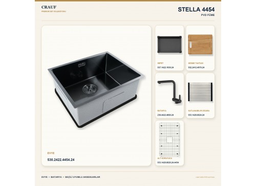 Crauf Stella 4454 PVD Füme 54×44 cm Evye + Pesce 4060 PVD Füme Batarya 6 Parça Premium Set