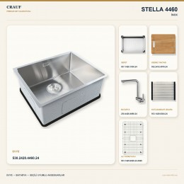 Crauf Stella 4460 İnox 60×44 cm Evye + Pesce 4060 Çelik Batarya 6 Parça Premium Set