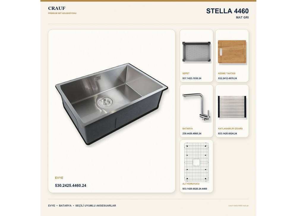 Crauf Stella 4460 Mat Gri 60×44 cm Evye + Pesce 4060 Çelik Batarya 6 Parça Set Crauf Stella 4460 Mat Gri 60×44 cm Evye + Pesce 4060 Çelik Batarya 6 Parça Set