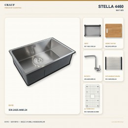 Crauf Stella 4460 Mat Gri 60×44 cm Evye + Pesce 4060 Çelik Batarya 6 Parça Set
