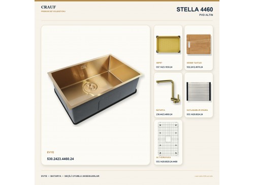 Crauf Stella 4460 PVD Altın 60×44 cm Evye + Pesce 4060 PVD Altın Batarya 6 Parça Premium Set