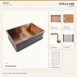 Crauf Stella 4460 PVD Bakır 60×44 cm Evye + Pesce 4060 PVD Bakır Batarya 6 Parça Premium Set
