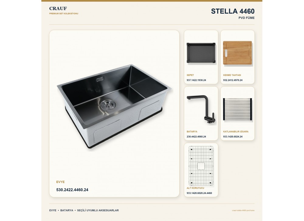 Crauf Stella 4460 PVD Füme 60×44 cm Evye + Pesce 4060 PVD Füme Batarya 6 Parça Premium Set