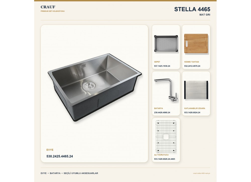 Crauf Stella 4465 Mat Gri 65×44 cm Evye + Pesce 4060 Çelik Batarya 6 Parça Set Crauf Stella 4465 Mat Gri 65×44 cm Evye + Pesce 4060 Çelik Batarya 6 Parça Set