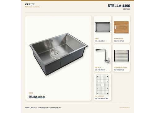 Crauf Stella 4465 Mat Gri 65×44 cm Evye + Pesce 4060 Çelik Batarya 6 Parça Set