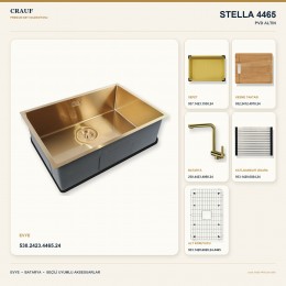 Crauf Stella 4465 PVD Altın 65×44 cm Evye + Pesce 4060 PVD Altın Batarya 6 Parça Premium Set