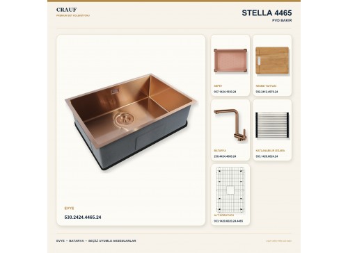 Crauf Stella 4465 PVD Bakır 65×44 cm Evye + Pesce 4060 PVD Bakır Batarya 6 Parça Premium Set