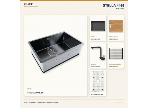 Crauf Stella 4465 PVD Füme 65×44 cm Evye + Pesce 4060 PVD Füme Batarya 6 Parça Premium Set