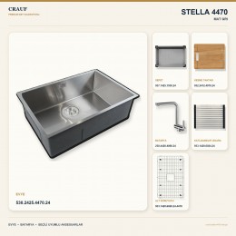Crauf Stella 4470 Mat Gri 70×44 cm Evye + Pesce 4060 Çelik Batarya 6 Parça Set