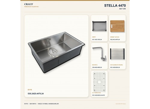 Crauf Stella 4470 Mat Gri 70×44 cm Evye + Pesce 4060 Çelik Batarya 6 Parça Set