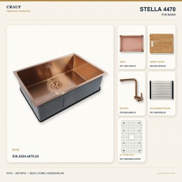 Crauf Stella 4470 PVD Bakır 70×44 cm Evye + Pesce 4060 PVD Bakır Batarya 6 Parça Premium Set