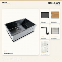 Crauf Stella 4470 PVD Füme 70×44 cm Evye + Pesce 4060 PVD Füme Batarya 6 Parça Premium Set