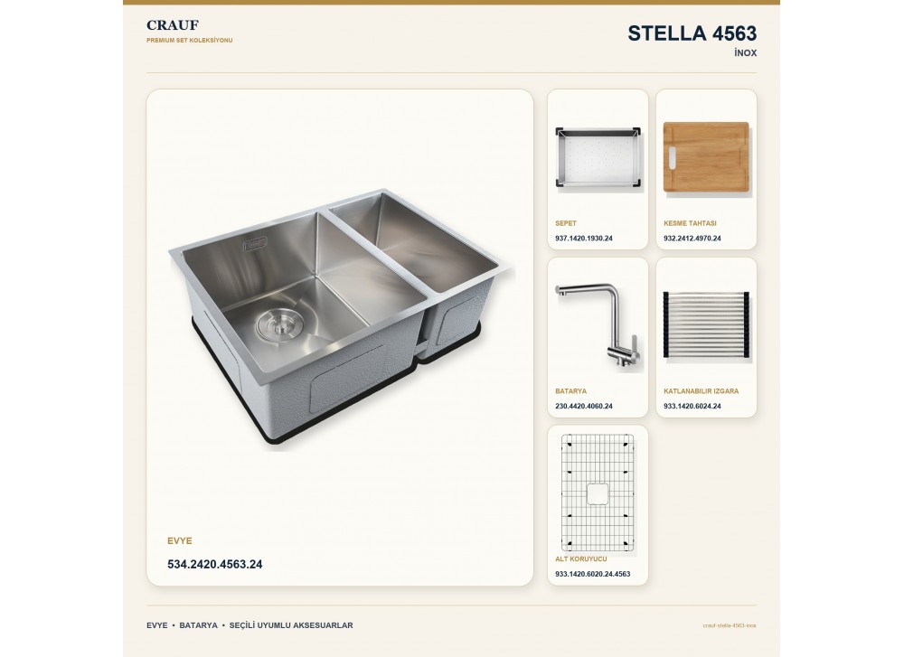 Crauf Stella 4563 İnox 63×45 cm Evye + Pesce 4060 Çelik Batarya 6 Parça Premium Set Crauf Stella 4563 İnox 63×45 cm Evye + Pesce 4060 Çelik Batarya 6 Parça Premium Set