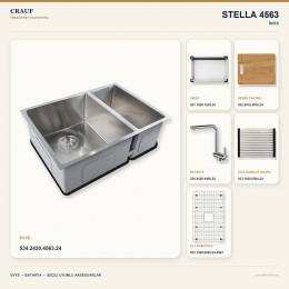 Crauf Stella 4563 İnox 63×45 cm Evye + Pesce 4060 Çelik Batarya 6 Parça Premium Set