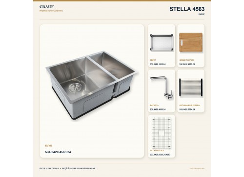 Crauf Stella 4563 İnox 63×45 cm Evye + Pesce 4060 Çelik Batarya 6 Parça Premium Set