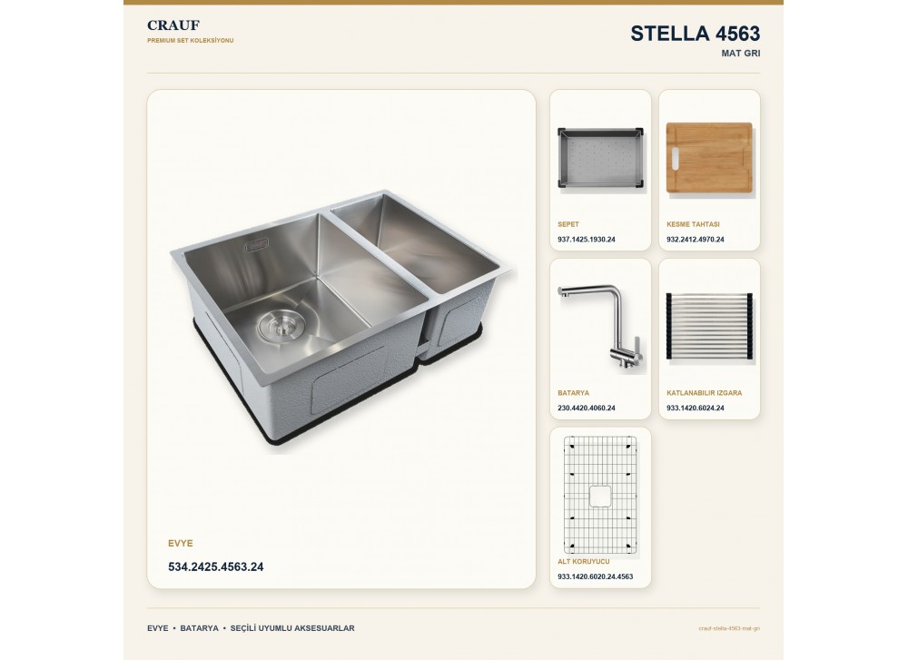 Crauf Stella 4563 Mat Gri 63×45 cm Evye + Pesce 4060 Çelik Batarya 6 Parça Set Crauf Stella 4563 Mat Gri 63×45 cm Evye + Pesce 4060 Çelik Batarya 6 Parça Set