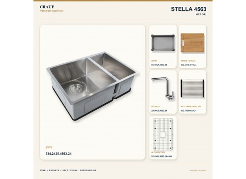 Crauf Stella 4563 Mat Gri 63×45 cm Evye + Pesce 4060 Çelik Batarya 6 Parça Set