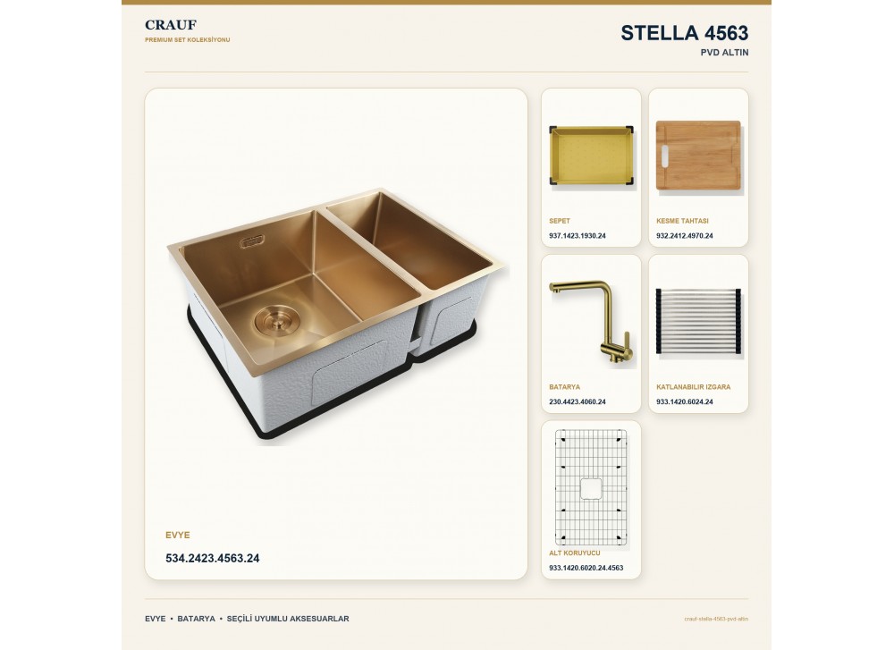 Crauf Stella 4563 PVD Altın 63×45 cm Evye + Pesce 4060 PVD Altın Batarya 6 Parça Premium Set Crauf Stella 4563 PVD Altın 63×45 cm Evye + Pesce 4060 PVD Altın Batarya 6 Parça Premium Set