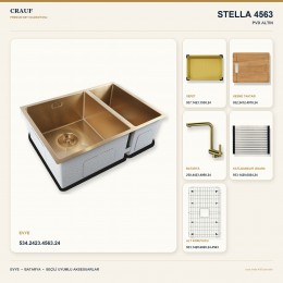 Crauf Stella 4563 PVD Altın 63×45 cm Evye + Pesce 4060 PVD Altın Batarya 6 Parça Premium Set