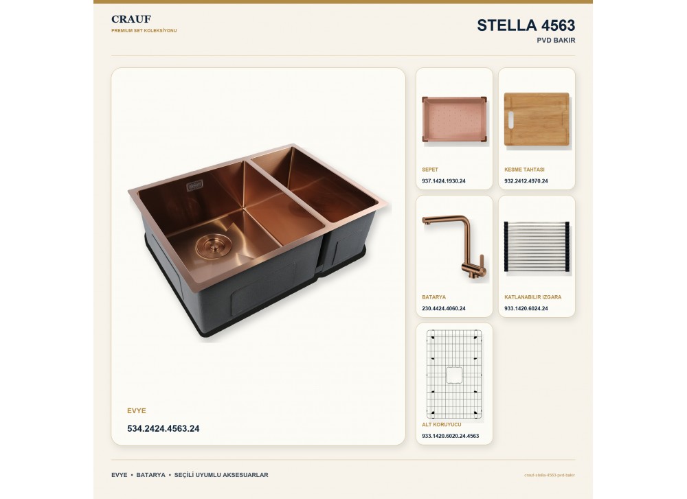 Crauf Stella 4563 PVD Bakır 63×45 cm Evye + Pesce 4060 PVD Bakır Batarya 6 Parça Premium Set Crauf Stella 4563 PVD Bakır 63×45 cm Evye + Pesce 4060 PVD Bakır Batarya 6 Parça Premium Set