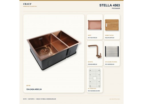 Crauf Stella 4563 PVD Bakır 63×45 cm Evye + Pesce 4060 PVD Bakır Batarya 6 Parça Premium Set