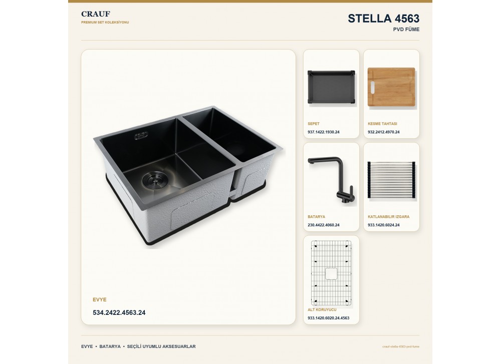Crauf Stella 4563 PVD Füme 63×45 cm Evye + Pesce 4060 PVD Füme Batarya 6 Parça Premium Set Crauf Stella 4563 PVD Füme 63×45 cm Evye + Pesce 4060 PVD Füme Batarya 6 Parça Premium Set