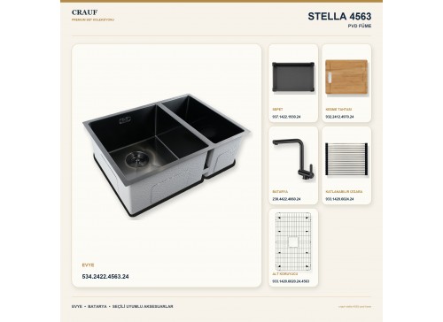 Crauf Stella 4563 PVD Füme 63×45 cm Evye + Pesce 4060 PVD Füme Batarya 6 Parça Premium Set
