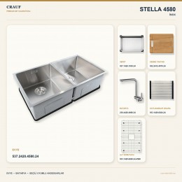 Crauf Stella 4580 İnox 80×45 cm Evye + Pesce 4060 Çelik Batarya 6 Parça Premium Set