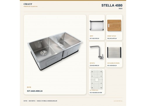Crauf Stella 4580 İnox 80×45 cm Evye + Pesce 4060 Çelik Batarya 6 Parça Premium Set