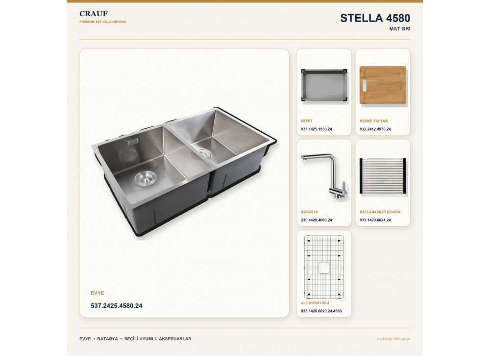 Crauf Stella 4580 Mat Gri 80×45 cm Evye + Pesce 4060 Çelik Batarya 6 Parça Set Crauf Stella 4580 Mat Gri 80×45 cm Evye + Pesce 4060 Çelik Batarya 6 Parça Set