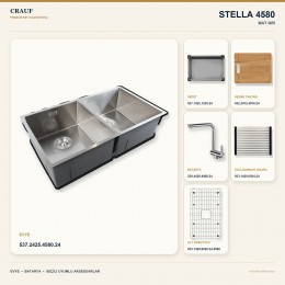 Crauf Stella 4580 Mat Gri 80×45 cm Evye + Pesce 4060 Çelik Batarya 6 Parça Set
