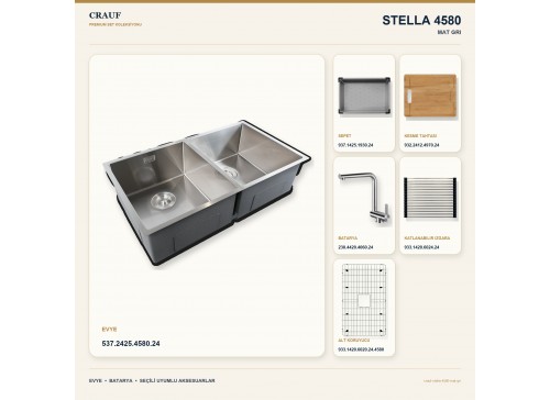 Crauf Stella 4580 Mat Gri 80×45 cm Evye + Pesce 4060 Çelik Batarya 6 Parça Set