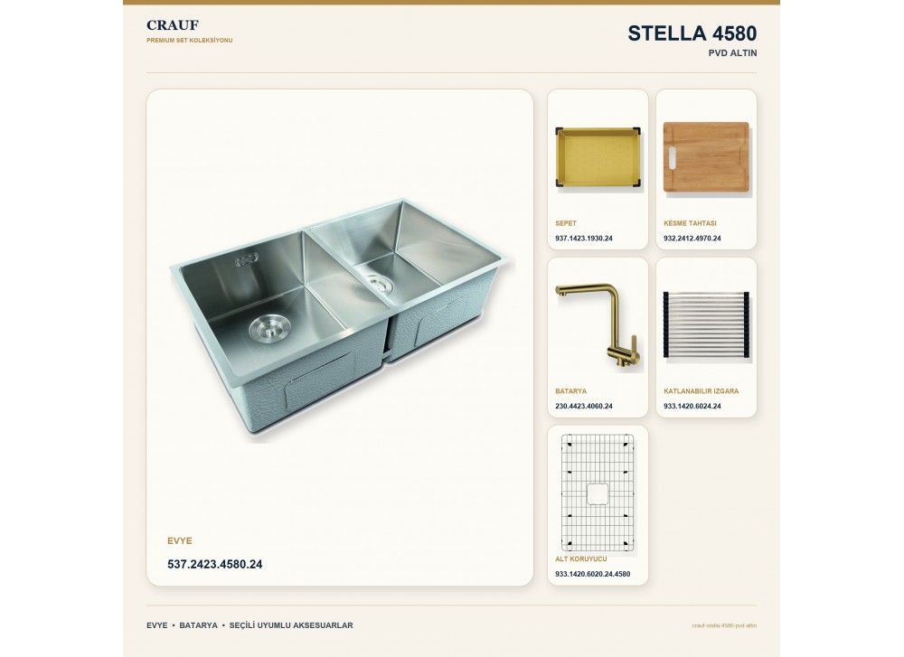 Crauf Stella 4580 PVD Altın 80×45 cm Evye + Pesce 4060 PVD Altın Batarya 6 Parça Premium Set Crauf Stella 4580 PVD Altın 80×45 cm Evye + Pesce 4060 PVD Altın Batarya 6 Parça Premium Set