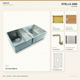 Crauf Stella 4580 PVD Altın 80×45 cm Evye + Pesce 4060 PVD Altın Batarya 6 Parça Premium Set