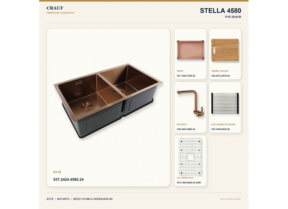 Crauf Stella 4580 PVD Bakır 80×45 cm Evye + Pesce 4060 PVD Bakır Batarya 6 Parça Premium Set Crauf Stella 4580 PVD Bakır 80×45 cm Evye + Pesce 4060 PVD Bakır Batarya 6 Parça Premium Set