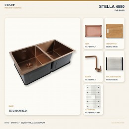 Crauf Stella 4580 PVD Bakır 80×45 cm Evye + Pesce 4060 PVD Bakır Batarya 6 Parça Premium Set