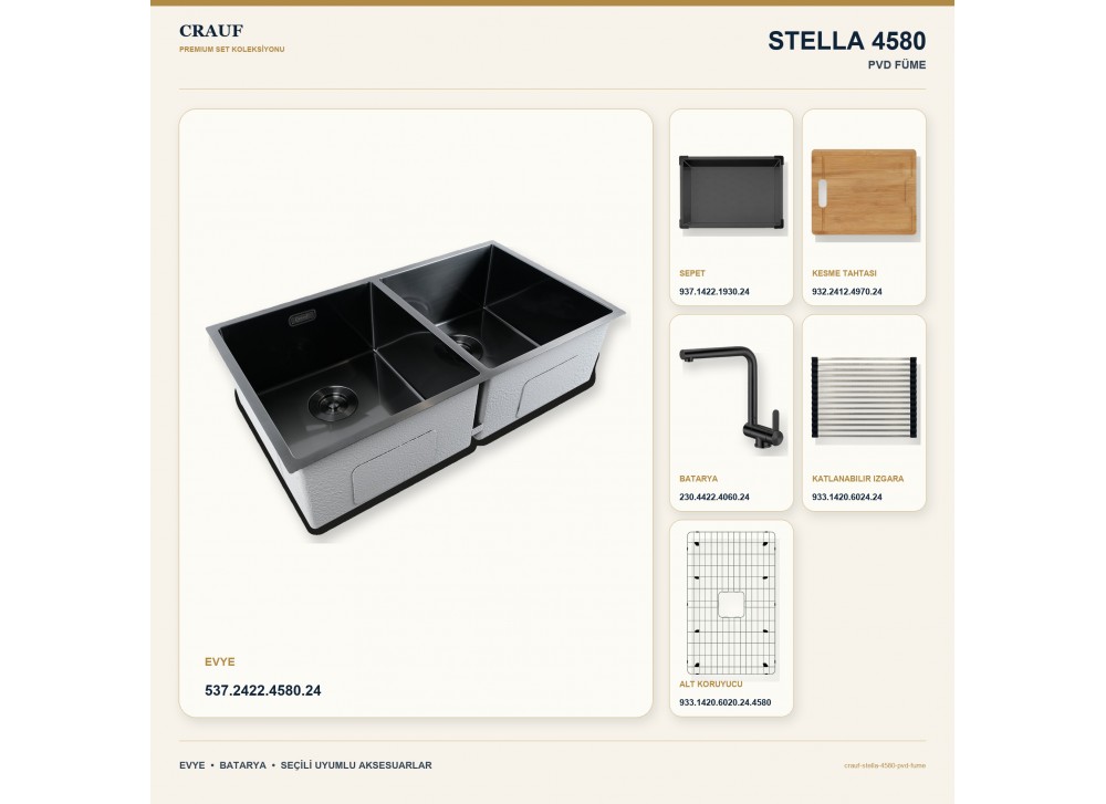 Crauf Stella 4580 PVD Füme 80×45 cm Evye + Pesce 4060 PVD Füme Batarya 6 Parça Premium Set Crauf Stella 4580 PVD Füme 80×45 cm Evye + Pesce 4060 PVD Füme Batarya 6 Parça Premium Set