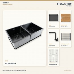 Crauf Stella 4580 PVD Füme 80×45 cm Evye + Pesce 4060 PVD Füme Batarya 6 Parça Premium Set