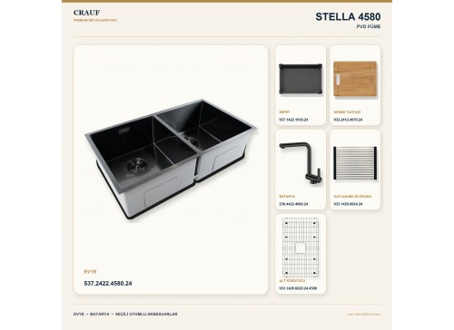 Crauf Stella 4580 PVD Füme 80×45 cm Evye + Pesce 4060 PVD Füme Batarya 6 Parça Premium Set