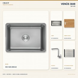Crauf Venüs 3049 Mat Gri 49×44 cm Evye + Pesce 4060 Çelik Batarya 5 Parça Set