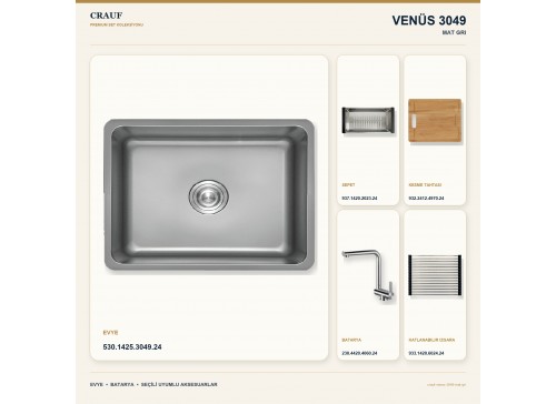Crauf Venüs 3049 Mat Gri 49×44 cm Evye + Pesce 4060 Çelik Batarya 5 Parça Set