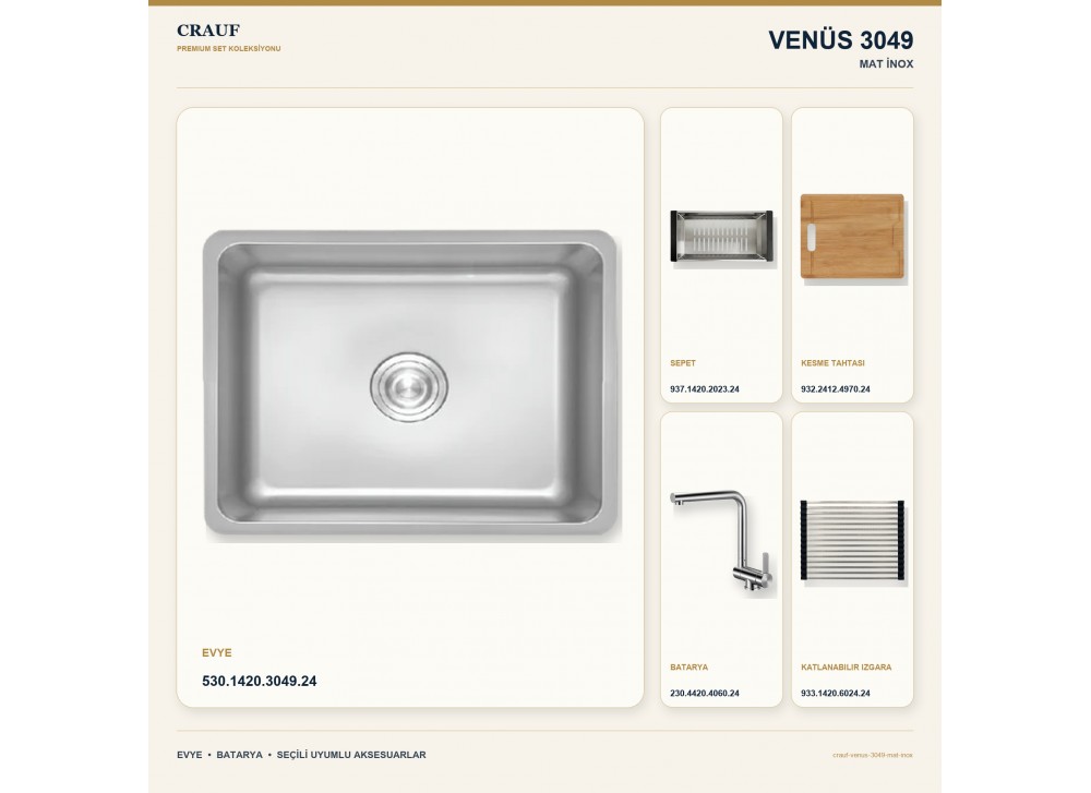 Crauf Venüs 3049 Mat İnox 49×44 cm Evye + Pesce 4060 Çelik Batarya 5 Parça Premium Set Crauf Venüs 3049 Mat İnox 49×44 cm Evye + Pesce 4060 Çelik Batarya 5 Parça Premium Set