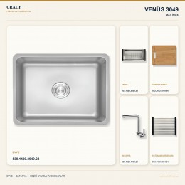 Crauf Venüs 3049 Mat İnox 49×44 cm Evye + Pesce 4060 Çelik Batarya 5 Parça Premium Set
