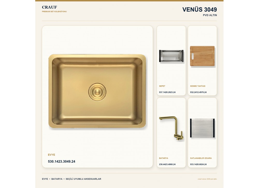 Crauf Venüs 3049 PVD Altın 49×44 cm Evye + Pesce 4060 PVD Altın Batarya 5 Parça Premium Set Crauf Venüs 3049 PVD Altın 49×44 cm Evye + Pesce 4060 PVD Altın Batarya 5 Parça Premium Set
