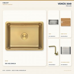 Crauf Venüs 3049 PVD Altın 49×44 cm Evye + Pesce 4060 PVD Altın Batarya 5 Parça Premium Set