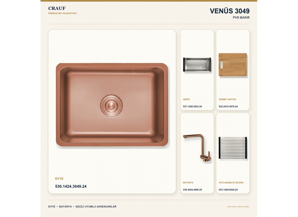 Crauf Venüs 3049 PVD Bakır 49×44 cm Evye + Pesce 4060 PVD Bakır Batarya 5 Parça Premium Set Crauf Venüs 3049 PVD Bakır 49×44 cm Evye + Pesce 4060 PVD Bakır Batarya 5 Parça Premium Set