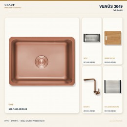 Crauf Venüs 3049 PVD Bakır 49×44 cm Evye + Pesce 4060 PVD Bakır Batarya 5 Parça Premium Set