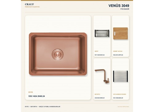 Crauf Venüs 3049 PVD Bakır 49×44 cm Evye + Pesce 4060 PVD Bakır Batarya 5 Parça Premium Set