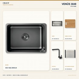 Crauf Venüs 3049 PVD Füme 49×44 cm Evye + Pesce 4060 PVD Füme Batarya 5 Parça Premium Set