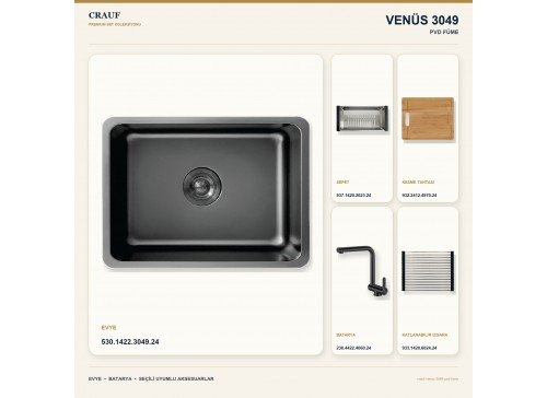 Crauf Venüs 3049 PVD Füme 49×44 cm Evye + Pesce 4060 PVD Füme Batarya 5 Parça Premium Set